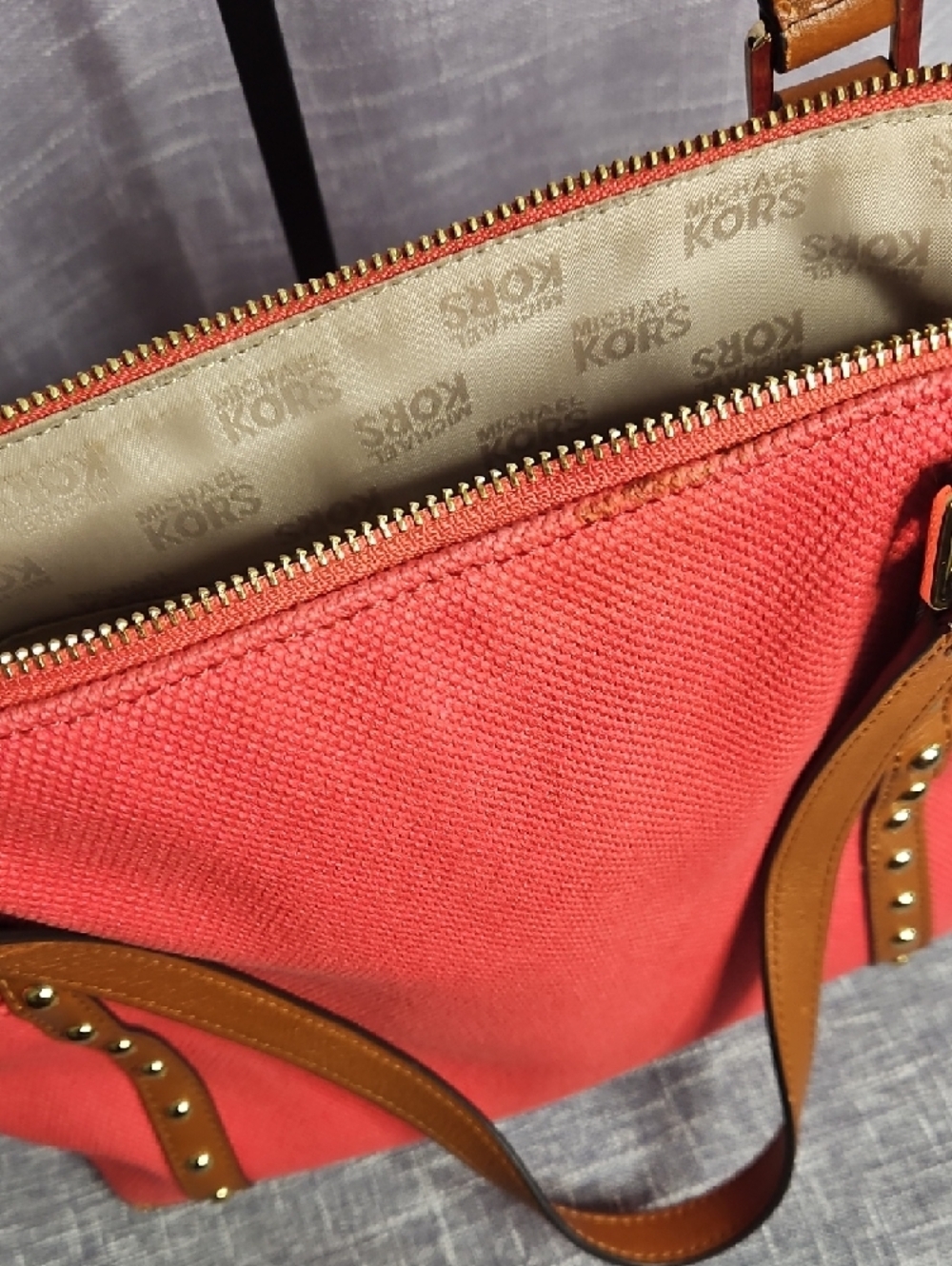 Michael Kors Coral Canvas Tote with Tan Leather Trim and MK Charm - Picture 12 of 15